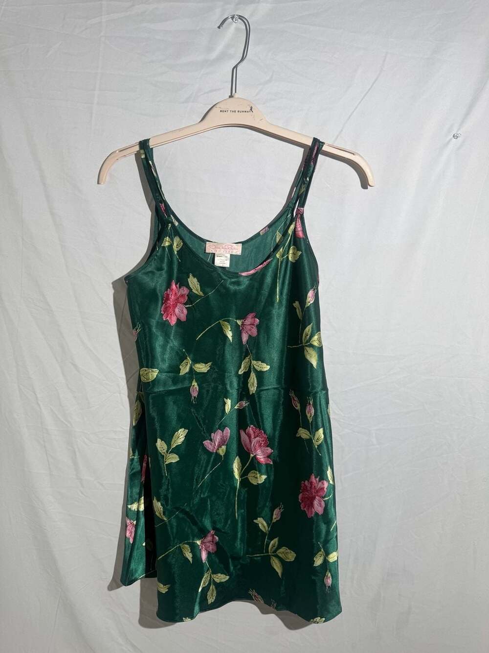 Oscar de la Renta Vintage Dark Green Floral Slip Dress Womens Small Satin Nightg